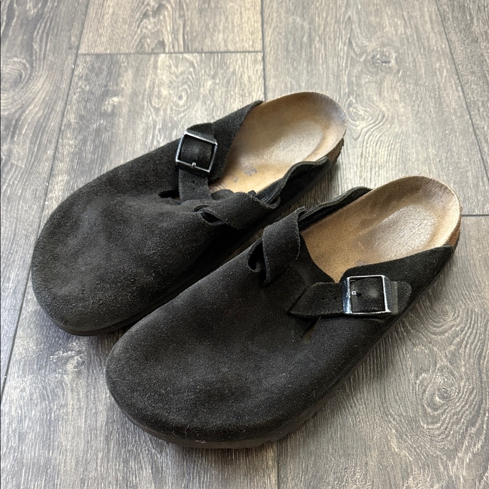Men’s Birkenstock Boston Black Suede Slip-Ons - Size 44 / Size 11
